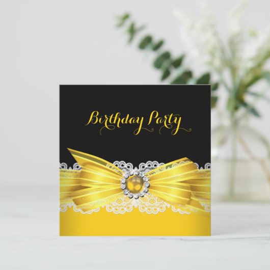 Yellow Black Pearl Diamond Lace Birthday Party Kaart (Staand voorkant)