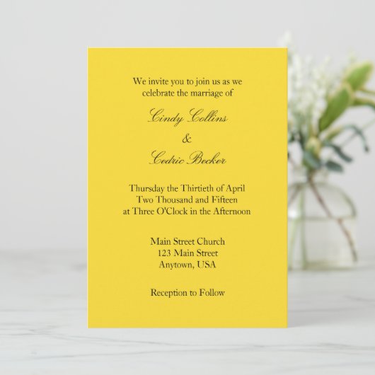 Yellow Black Plain Simple Wedding Invitation Kaart (Staand voorkant)