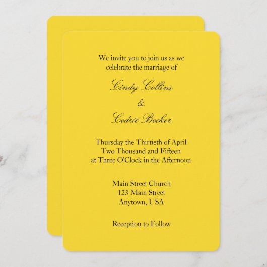 Yellow Black Plain Simple Wedding Invitation Kaart (Voorkant / Achterkant)