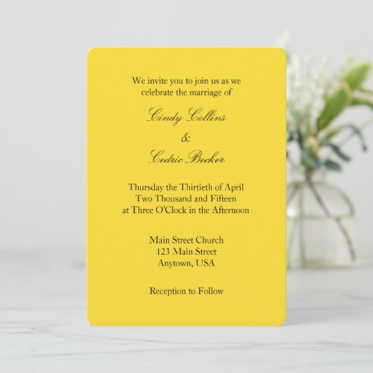 Yellow Black Plain Simple Wedding Invitation Kaart (Staand voorkant)