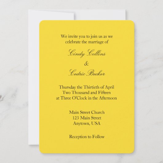 Yellow Black Plain Simple Wedding Invitation Kaart (Voorkant)