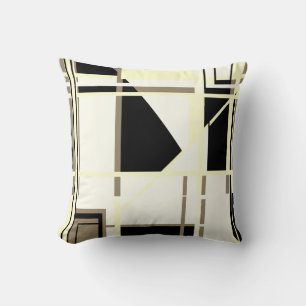 Yellow Black Taupe op wit Abstract Labyrint Kussen