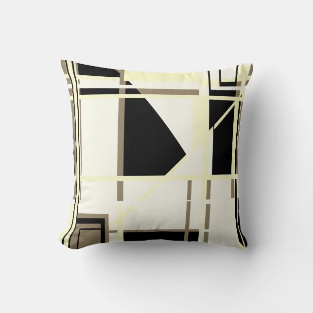 Yellow Black Taupe op wit Abstract Labyrint Kussen (Voorkant)