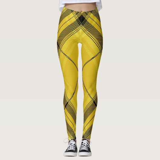 Yellow Black Trendy Diagonal Tartan Leggings (Voorkant)