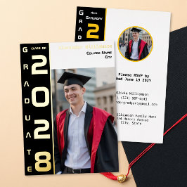 Yellow Black White Graduation Photo Gold  Folie Uitnodiging