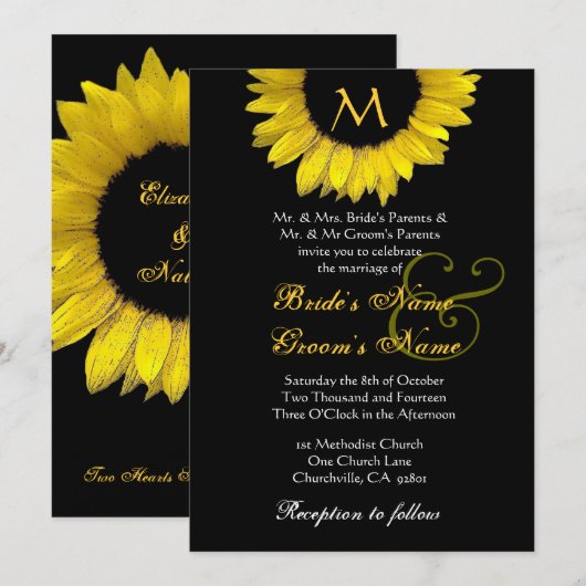 Yellow Black White Sunflower Weduwninguitnodiging Kaart (Voorkant / Achterkant)