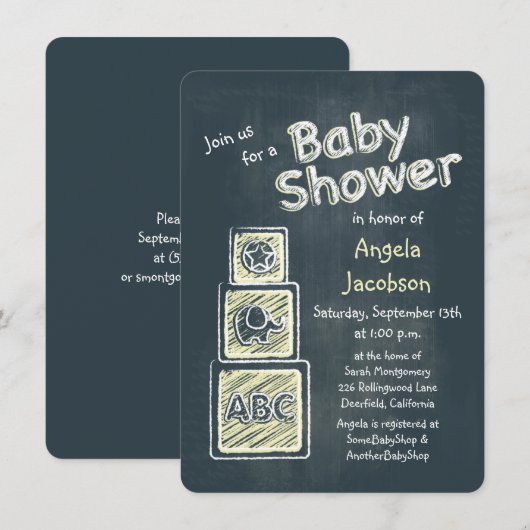 Yellow Blocks Chalkboard Baby shower Uitnodiging (Voorkant / Achterkant)