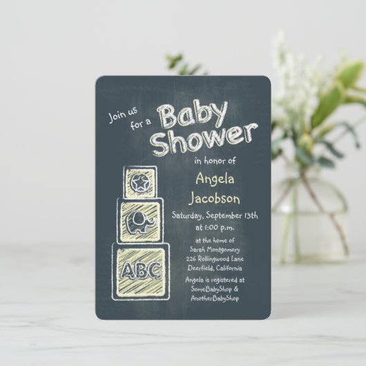 Yellow Blocks Chalkboard Baby shower Uitnodiging (Staand voorkant)