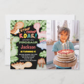 Yellow Blue Black Dinosaur Birthday met foto Kaart (Voorkant)