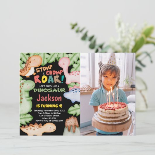 Yellow Blue Black Dinosaur Birthday met foto Kaart (Staand voorkant)