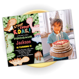 Yellow Blue Black Dinosaur Birthday met foto Kaart