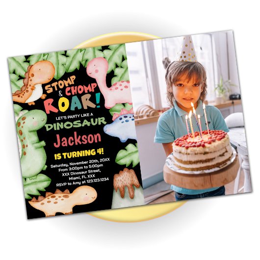 Yellow Blue Black Dinosaur Birthday met foto Kaart