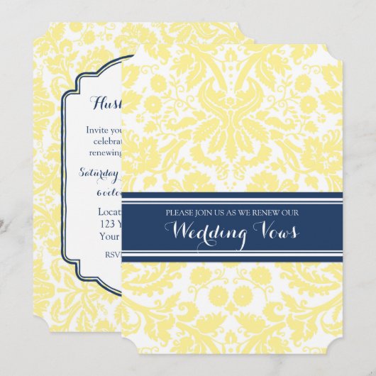 Yellow Blue Damask Gelofte Vernieuwing Uitnodigin Kaart (Voorkant / Achterkant)