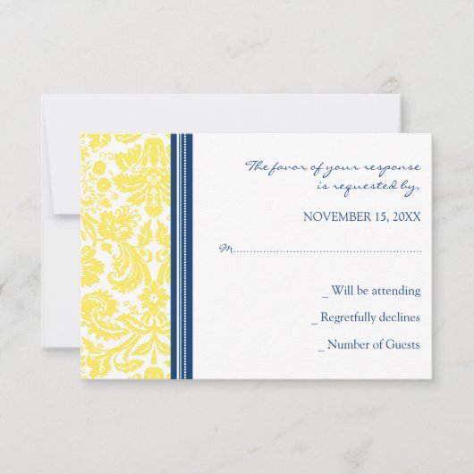 Yellow Blue Damask RSVP Weddenskaart (Voorkant)
