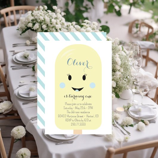 Yellow Blue Ice Cream Cone Scoop Birthday Party Kaart