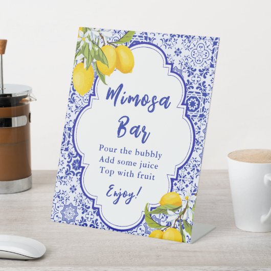 Yellow Blue Lemon Vrijgezellenfeest Mimosa Bar Reclamebord Met Voetstuk (Insitu)