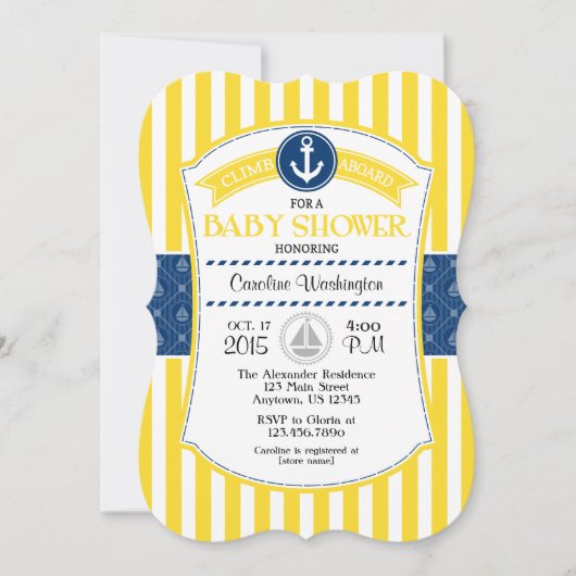 Yellow Blue Nautical Baby shower Invitation Kaart (Voorkant)