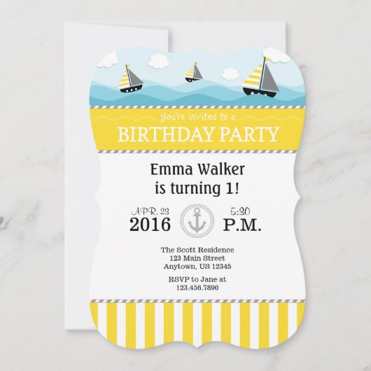 Yellow Blue Nautical Birthday Invitation Kaart (Voorkant)