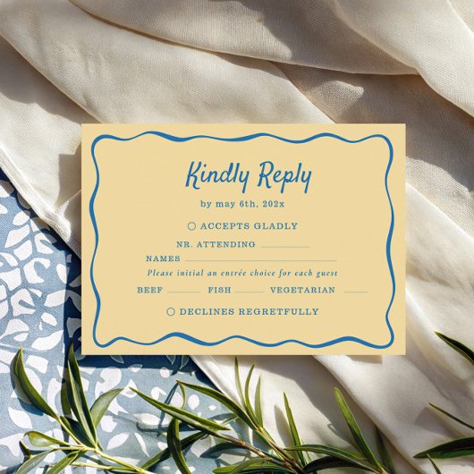 Yellow & Blue Striped Wedding RSVP Kaartje