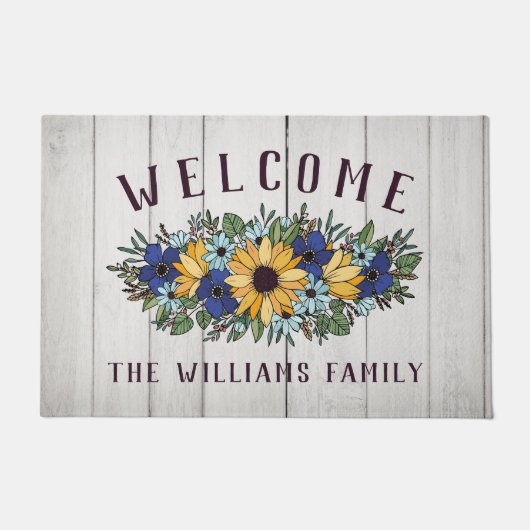 Yellow Blue Sunflower Bouquet White Wood Welcome Deurmat (Voorkant)