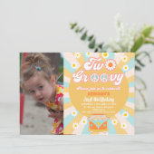 Yellow Blue Two Groovy Retro Foto 2e verjaardag Kaart (Staand voorkant)