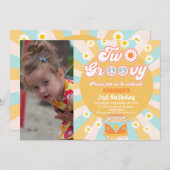 Yellow Blue Two Groovy Retro Foto 2e verjaardag Kaart (Voorkant / Achterkant)