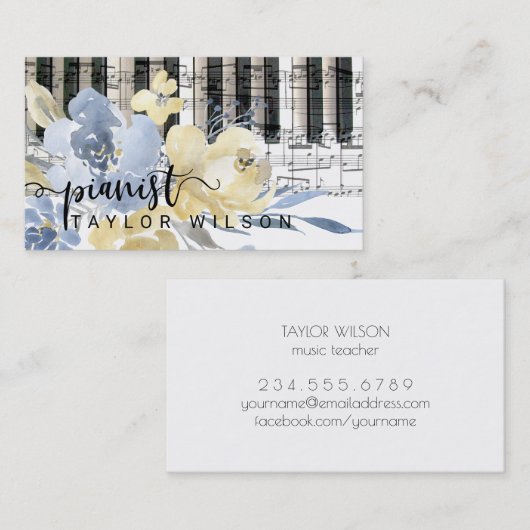 Yellow Blue waterverf floral pianist script Visitekaartje (Voorkant / Achterkant)