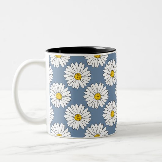 Yellow Blue White Daisy Pattern Tweekleurige Koffiemok (Links)
