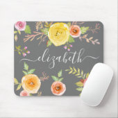 Yellow boho floral waterverf grijs monogram script muismat (Met muis)