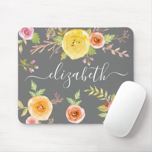 Yellow boho floral waterverf grijs monogram script muismat (Met muis)