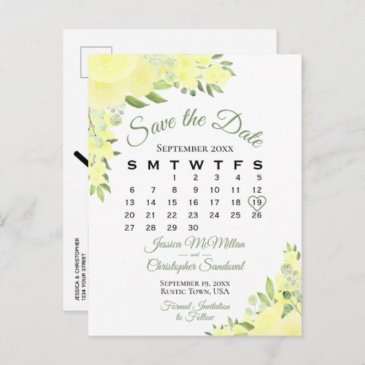 Yellow Boho Floral Wedding Save the Date Calendar Aankondigingskaart (Voorkant / Achterkant)