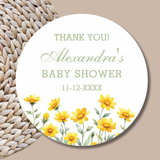 Yellow Boho Wildflower Baby shower Bedankt Ronde Sticker
