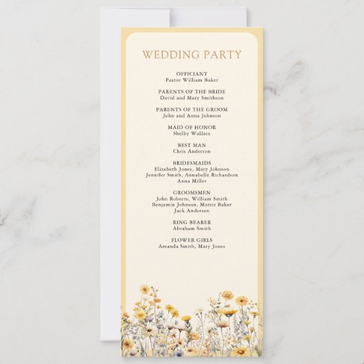 Yellow Boho Wildflower Floral bruiloft programma (Achterkant)