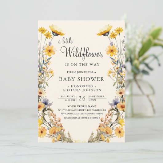Yellow Boho Wildflower Floral QR Code Baby shower Kaart (Staand voorkant)