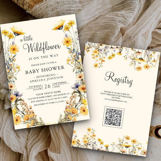 Yellow Boho Wildflower Floral QR Code Baby shower Kaart