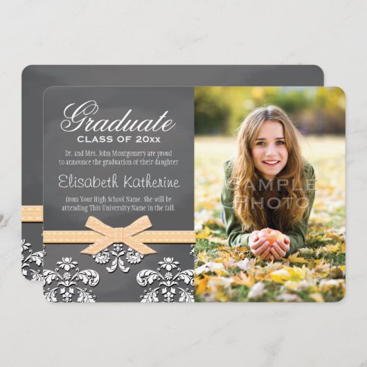 YELLOW Bow Chalkboard Lace Afstuderen aankondiging (Voorkant / Achterkant)