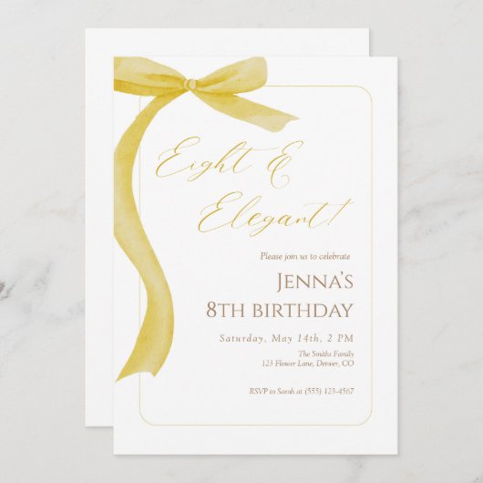 Yellow Bow Eighth Birthday Invitation Kaart (Voorkant / Achterkant)
