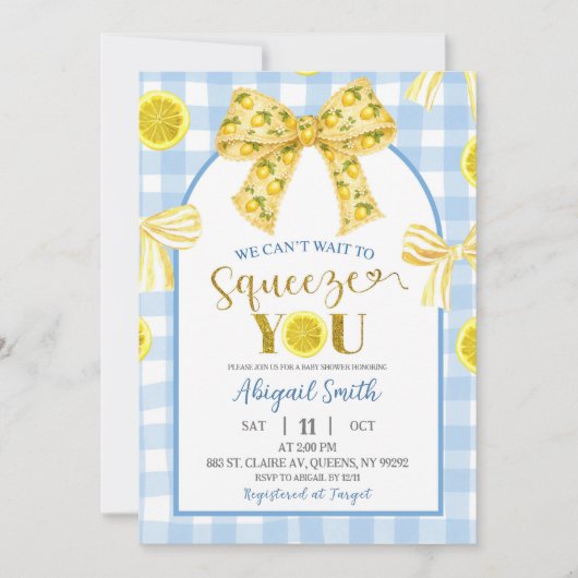 Yellow Bow Lemon Baby Shower Invitation Kaart (Voorkant)