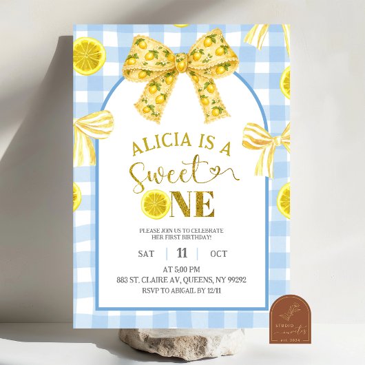 Yellow Bow Sweet 1 Lemon Blue and Yellow Birthday Kaart