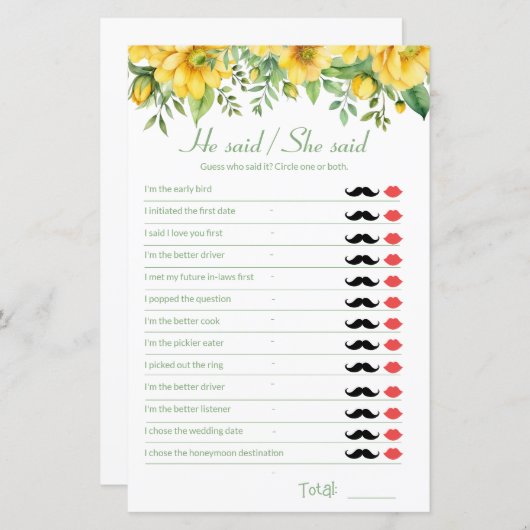 Yellow Bridal Shower Game He Said She Said (Voorkant / Achterkant)