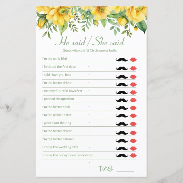 Yellow Bridal Shower Game He Said She Said (Voorkant)