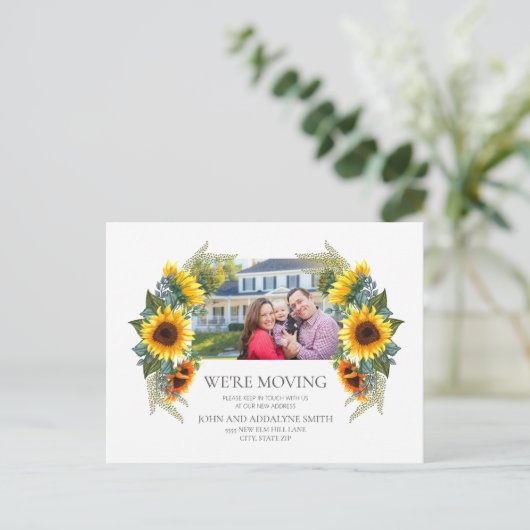 Yellow Brown Sunflower Foto House New Address Briefkaart (Staand voorkant)