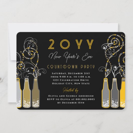 Yellow Bubbly Bottles Wervelt Oudejaarsfeest Kaart (Voorkant)