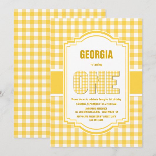 Yellow Buffalo Plaid 1e verjaardagsfeest Kaart (Voorkant / Achterkant)