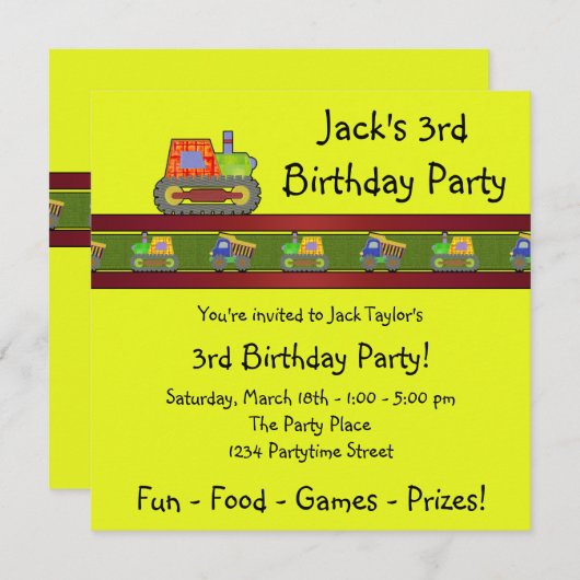 Yellow Bulldozer Boy 3rd Verjaardag Uitnodiging (Voorkant / Achterkant)
