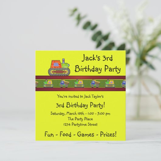 Yellow Bulldozer Boy 3rd Verjaardag Uitnodiging (Staand voorkant)