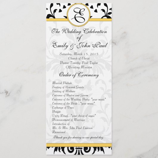Yellow Bumble bee Black Damask Wedding Programme Programmakaart (Voorkant)