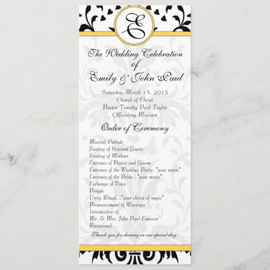 Yellow Bumble bee Black Damask Wedding Programme Programmakaart (Voorkant)