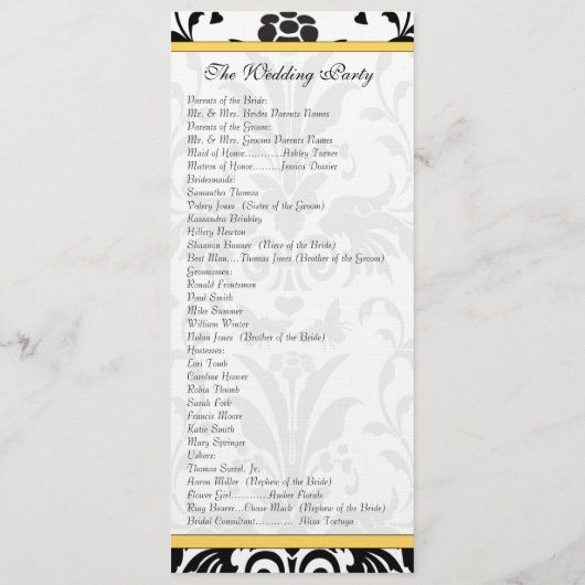 Yellow Bumble bee Black Damask Wedding Programme Programmakaart (Achterkant)