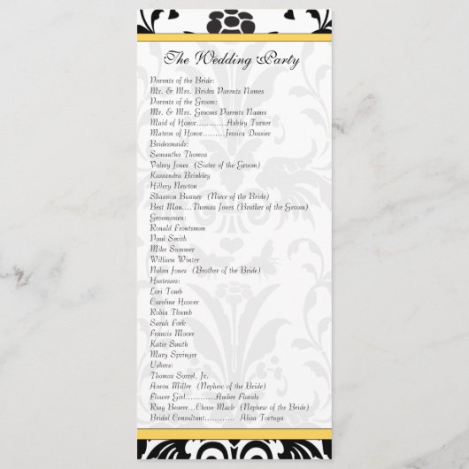 Yellow Bumble bee Black Damask Wedding Programme Programmakaart (Achterkant)